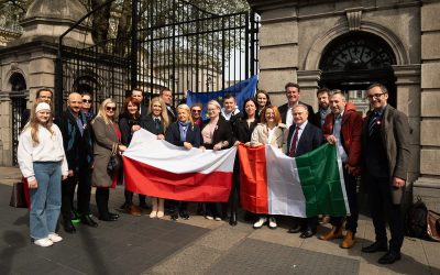 Członkowie polskiej społeczności w Irlandii zgromadzili się  przed Leinster House 1 maja, aby uczcić 20. rocznicę przystąpienia Polski do Unii Europejskiej.